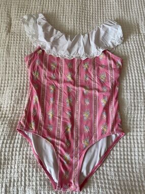 The Beaufort Bonnet Company Pink Floral One-Piece with White Eyelet Ruffle